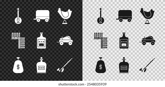 Set Banjo, Wild west cubierto vagón, silla de montar, bolsa de dinero, bebida alcohólica botella de ron, indio nativo americano pipa de fumar, tocado indio con plumas e icono de whisky. Vector