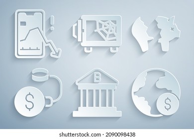 Set Bank building, Broken piggy bank, Debt ball chained to coin, Global economic crisis, Safe and Mobile stock trading icon. Vector