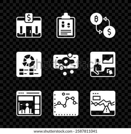 Set Bank building, Business finance report, Cryptocurrency exchange, Website with growth graph, Browser, Failure stocks market, Pie chart infographic and Stacks paper money cash icon. Vector