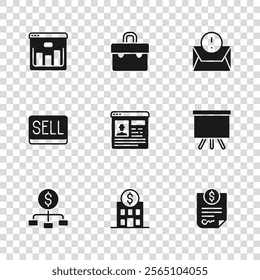 Set Bank building, Chalkboard, Contract money, Resume, Envelope, Browser with stocks market, Briefcase and Sell button icon. Vector