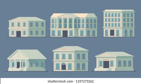 Set of bank building in the city. Bank building to serve the public and conduct financial and credit operations. Vector flat illustration.