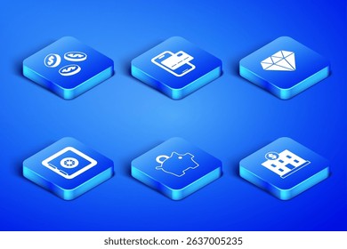 Set Bank building, Coin money with dollar, Piggy bank, Safe, Mobile banking and Diamond icon. Vector