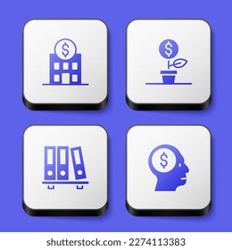 Set Bank building, Dollar plant, Office folders and Business man planning mind icon. White square button. Vector