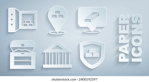 Set Bank building, Gold bars, Antique treasure chest, with shield,  and Safe gold icon. Vector