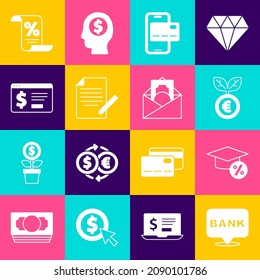 Set Bank building, Graduation cap and coin, Euro plant, Mobile banking, Document pen, Online with dólar, Finance document and Envelope icon. Vector