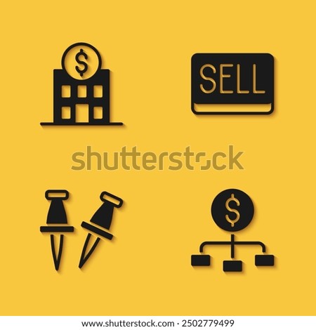 Set Bank building, Hierarchy with dollar, Push pin and Sell button icon with long shadow. Vector