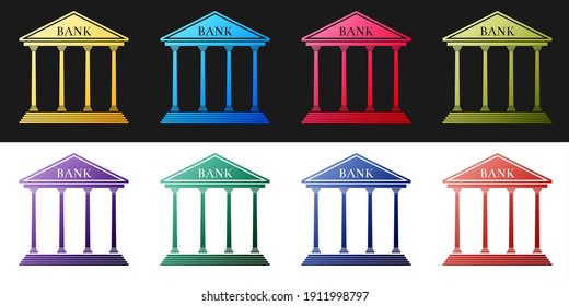Set Bank building icon isolated on black and white background. Vector.