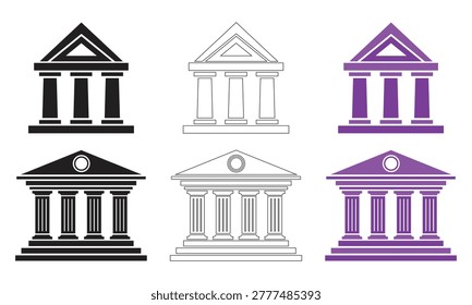Set of bank building icons with classical pillars in black outline and purple colors
