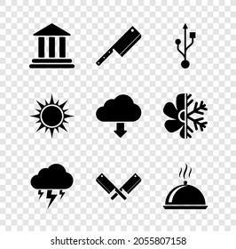 Set Bank building, Meat chopper, USB, Storm, Crossed meat and Covered with tray of food icon. Vector