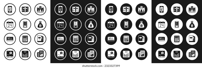 Set Bank building, Mobile with dólar, Calendar, stock trading, Money bag, Stacks paper money cash, carpetas de Office e icono del botón Vender. Vector