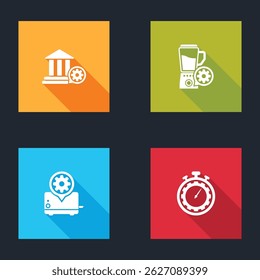 Ajuste la configuración del edificio del banco, licuadora con tazón, tostadora e icono de gestión de tiempo. Vector