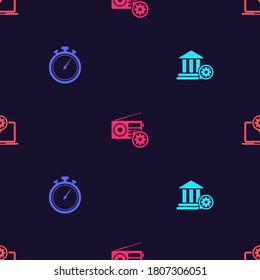 Set Bank building setting, Stopwatch, Radio and Laptop on seamless pattern. Vector.