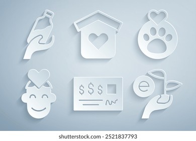 Set Bank-Scheck, Herz mit Tiere Fußabdruck, Freiwilliger, Blatt Hand, Unterkunft für Obdachlose und Spende Wasser-Symbol. Vektorgrafik