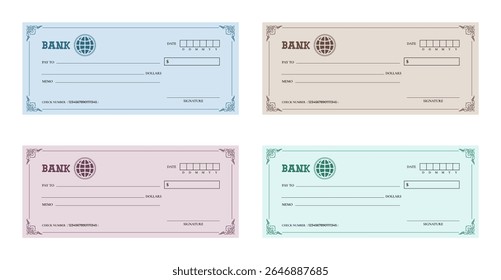 Set of bank check isolated on a white background. Collection of bank cheque isolated on a white backdrop