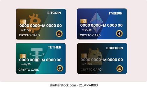 Set Of Bank Credit Or Debit Card With Crypto Currency Bitcoin, Ethereum, Tether, Dogecoin Logo With Golden Coin On Card Isolated On White Background. Vector Illustration. Use For Logo And Credit Card.