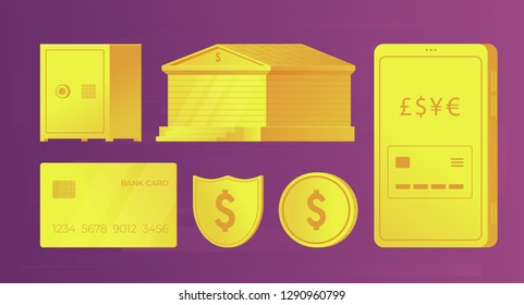 Set of bank golden elements for infographics and web banners. Bank building, credit card, smartphone, coin, safe, shield. Vector illustration.