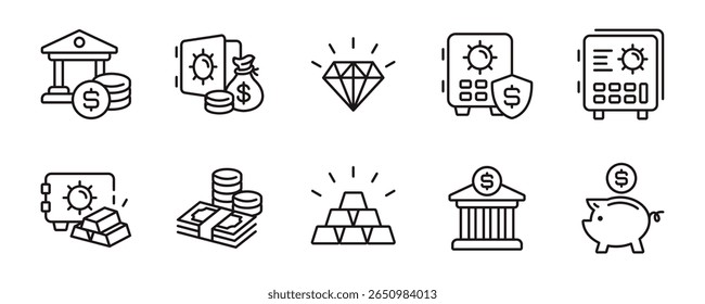 set of bank icon line vector business financial savings currency money bag, gold bar, piggy bank, building, safe, diamond, pile of coin signs vector outline illustration