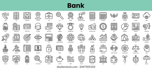 Gruppe von Banksymbolen. Linearformat-Symbol-Paket. Vektorillustration