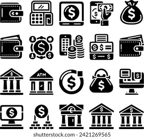 Set of bank icons. Wallet, savings, loans, ATM, mortgage, investments, banger, and more are all contained within. strong collection of vector icons.