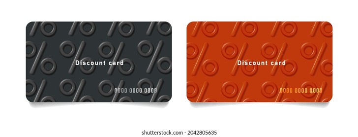 Set of bank or loyalty program cards with convex 3d percent sign pattern on red and black backdrop, isolated