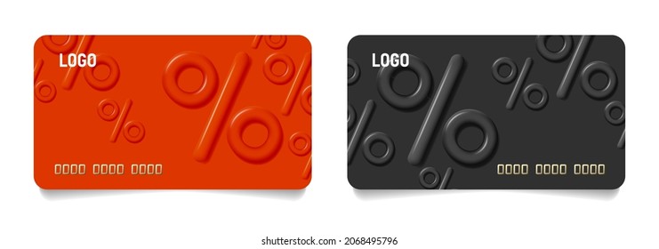 Set of bank or loyalty program cards with convex 3d percent sign on red and black backdrop with card number