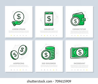 Set of bank and money colored elements for multipurpose a4 presentation template. Leaflet, corporate report, marketing, advertising, book cover design.