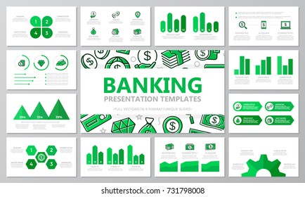 Set of bank and money elements for multipurpose presentation template slides with graphs and charts. Leaflet, corporate report, marketing, advertising,  book cover design.