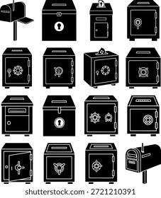 Conjunto de iconos de caja de seguridad bancaria, buzón y caja de donaciones. Casillero de metal seguro, bóveda de almacenamiento de dinero y Ilustraciones vectoriales de glifos de buzón aisladas sobre fondo blanco.