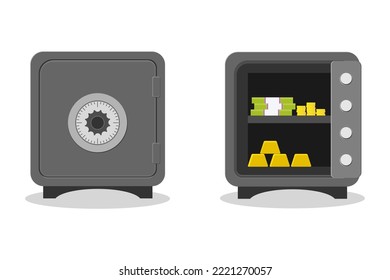 Set of bank steel safe. A closed metal deposit box and a safe with an open door with coins, paper money and gold bars. Money storage. Security guarantees and investment protection. Vector illustration