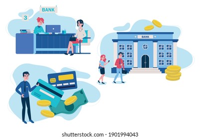 Gruppe von Bankangestellten und Kunden verschiedene Finanzberatung. Vektorgrafik im Cartoon-Stil.