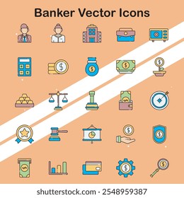 Conjunto de ícones vetoriais de banqueiros que descrevem os serviços financeiros e os elementos bancários ideais para projetos relacionados a finanças.