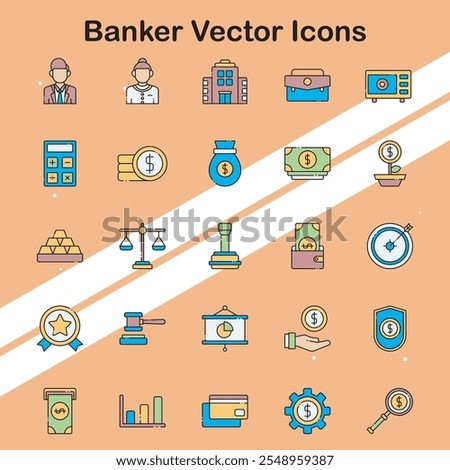 Set of banker vector icons depicting financial services and banking elements ideal for finance-related designs.