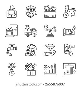 Conjunto de ícones de estilo de estrutura de tópicos de arte bancária 

