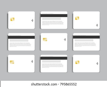 Set of banking chip credit card realistic mockup. Clear plastic card template