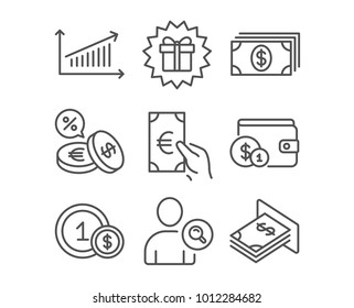 Set of Banking, Finance and Chart icons. Surprise gift, Currency exchange and Usd coins signs. Buying accessory, Find user and Atm money symbols. Money payment, Eur cash, Presentation chart. Vector