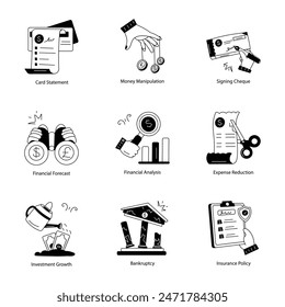 Set of Banking and Finance Management Doodle Icons 

