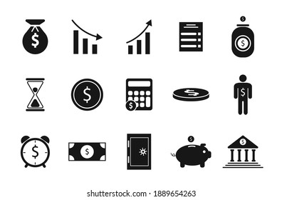 Set of banking icons: dollar, piggy bank, coins, cents, safe, bank, time is money, agreement, investment