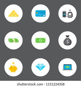 Set of banking icons flat style symbols with money bag, piggy bank, dollar and other icons for your web mobile app logo design.