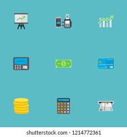 Set of banking icons flat style symbols with teller machine, coins, calculator and other icons for your web mobile app logo design.