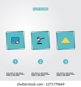 Set of banking icons flat style symbols with teller machine, gold bars, auction and other icons for your web mobile app logo design.