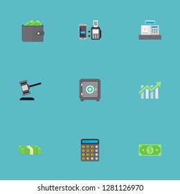 Set of banking icons flat style symbols with cash register, calculator, progress chart and other icons for your web mobile app logo design.