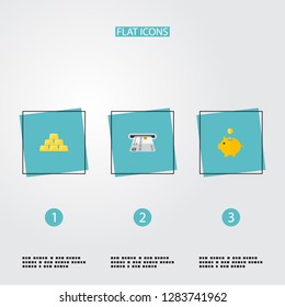 Set of banking icons flat style symbols with atm, piggy bank, gold bars and other icons for your web mobile app logo design.