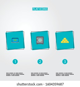 Set of banking icons flat style symbols with laptop, safe, gold bars and other icons for your web mobile app logo design.