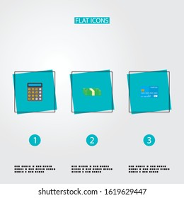 Set of banking icons flat style symbols with credit card, calculator, salary and other icons for your web mobile app logo design.