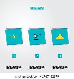 Set of banking icons flat style symbols with auction, salary, gold bars and other icons for your web mobile app logo design.