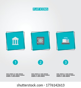 Set von Banking-Icons flache Symbole mit Kassenregister, Safe, Gerichtsgebäude und anderen Icons für Ihr Web-Mobile-App-Logo.