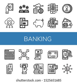 Set of banking icons. Such as Bill, Safe, Rate, Credit card, Cryptocurrency, Pig, Bitcoin, Secure payment, Coin, Wallet, Price list, Pay, Yen, Insert coin, Payment , banking icons