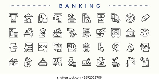 Conjunto de icono de línea bancaria. Contiene símbolos lineales de balance, banco, análisis, gestión, contabilidad y más. Símbolo de línea y signo. Icono de contabilidad. Vector editable. Píxel perfecto.