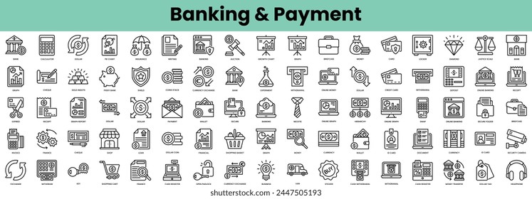 Set of banking and payment icons. Linear style icon bundle. Vector Illustration