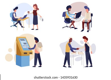 Set of banking services characters. Man and woman talking about work. Man asking consultant about mortgage. Man with terminal. Two man and successful deal. Flat vector illustration.